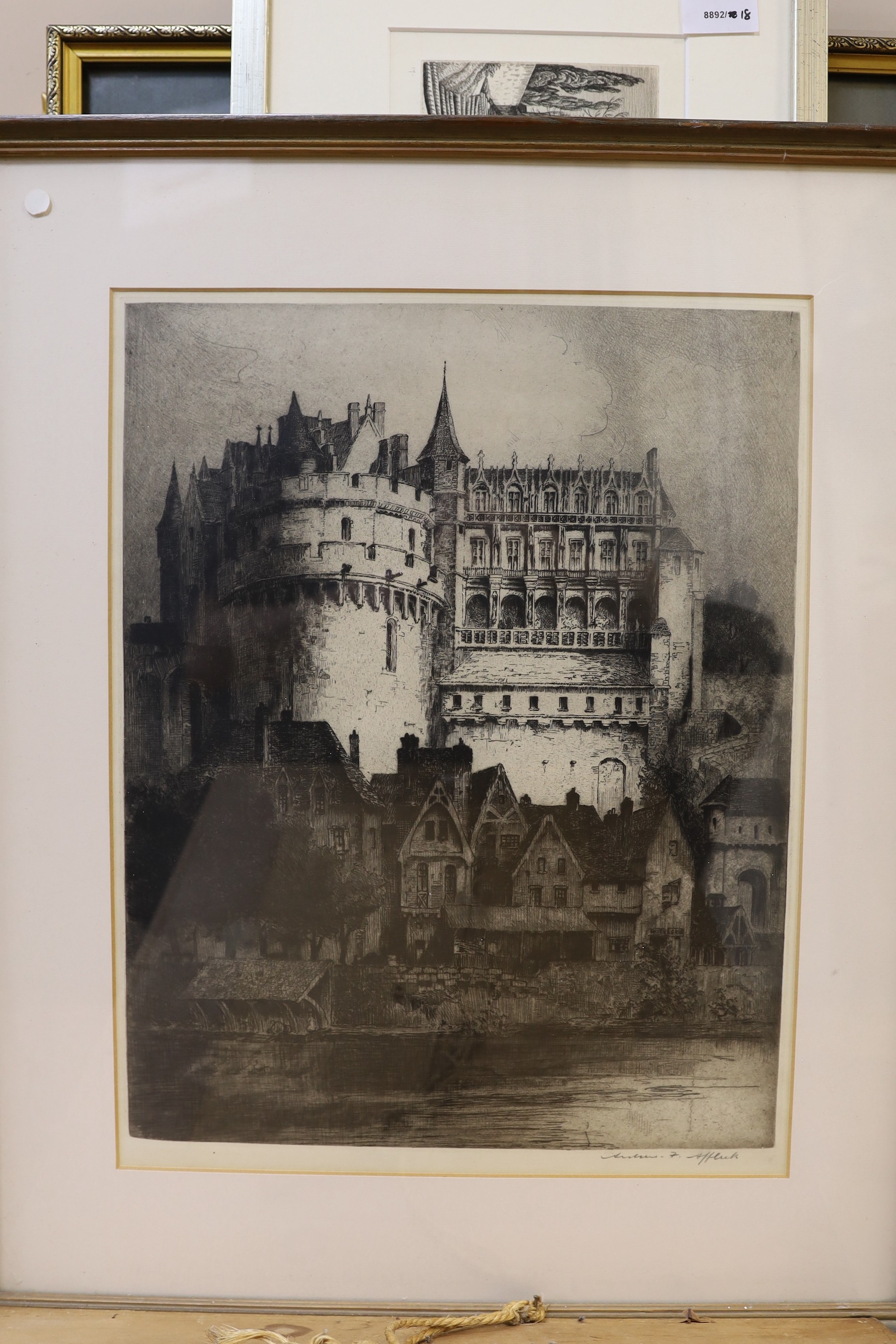 A group of assorted pictures and prints including a lithograph after Sickert and three etchings by Andrew Affleck including a View of Edinburgh